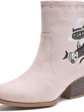 Women's Pink Western Boots Cowgirl Low Chunky Heel Pointed Toe Mid Short